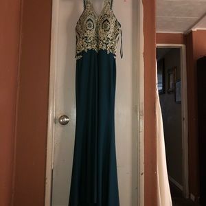 Emerald green dress with gold embroidery